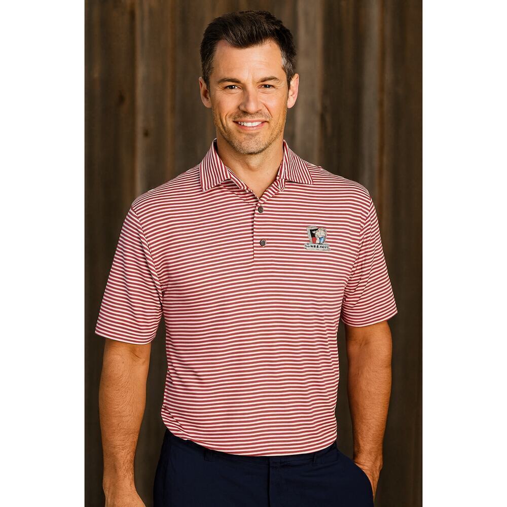 Footjoy performance red white striped polo sz L EUC w/ club logo upf protect